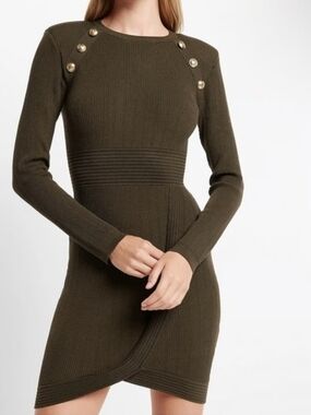 Olive Ribbed Knit Long‑Sleeve Mini Dress with Button Detail